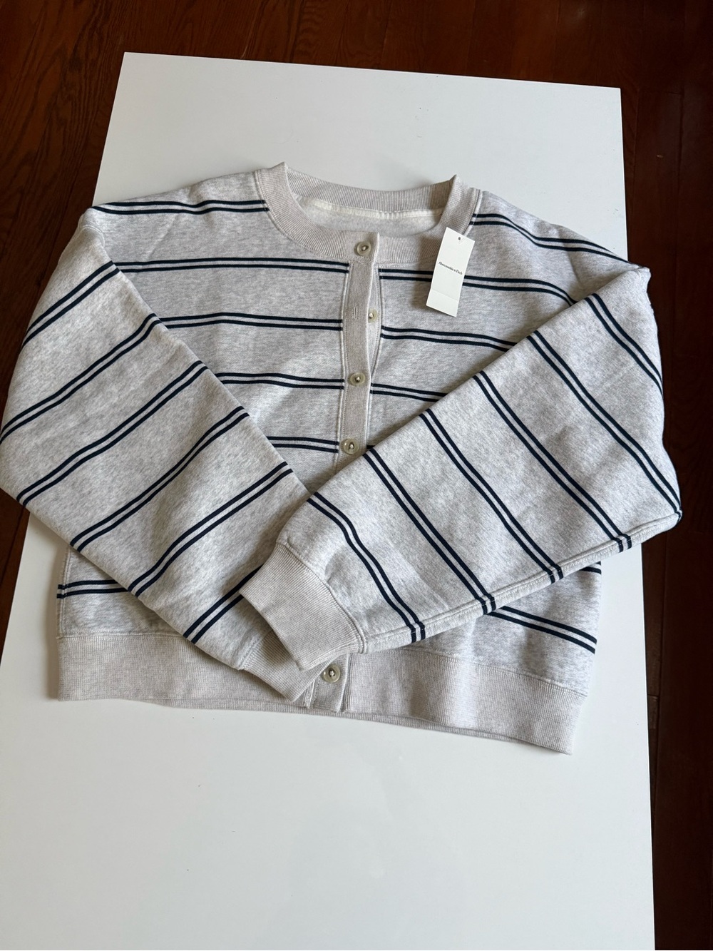 Abercrombie & Fitch Light Gray and Navy Striped Button-Front Cardigan